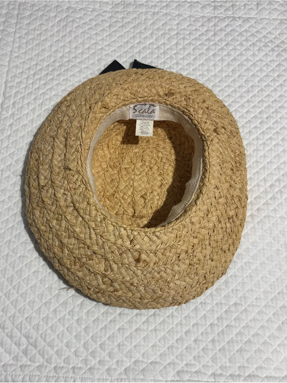 Scala Natural Straw Boater Hat with Black Ribbon Made in Italy.
